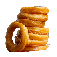 Stack of golden, crispy fried onion rings with one resting in front.